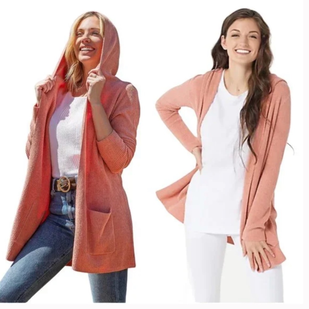 NWT Barefoot Dreams CozyChic Ultra Lite Hooded Ribbed Cardi Coral Pink XL
